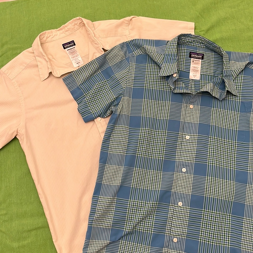 2 medium Patagonia organic cotton short sleeve button down shirts.